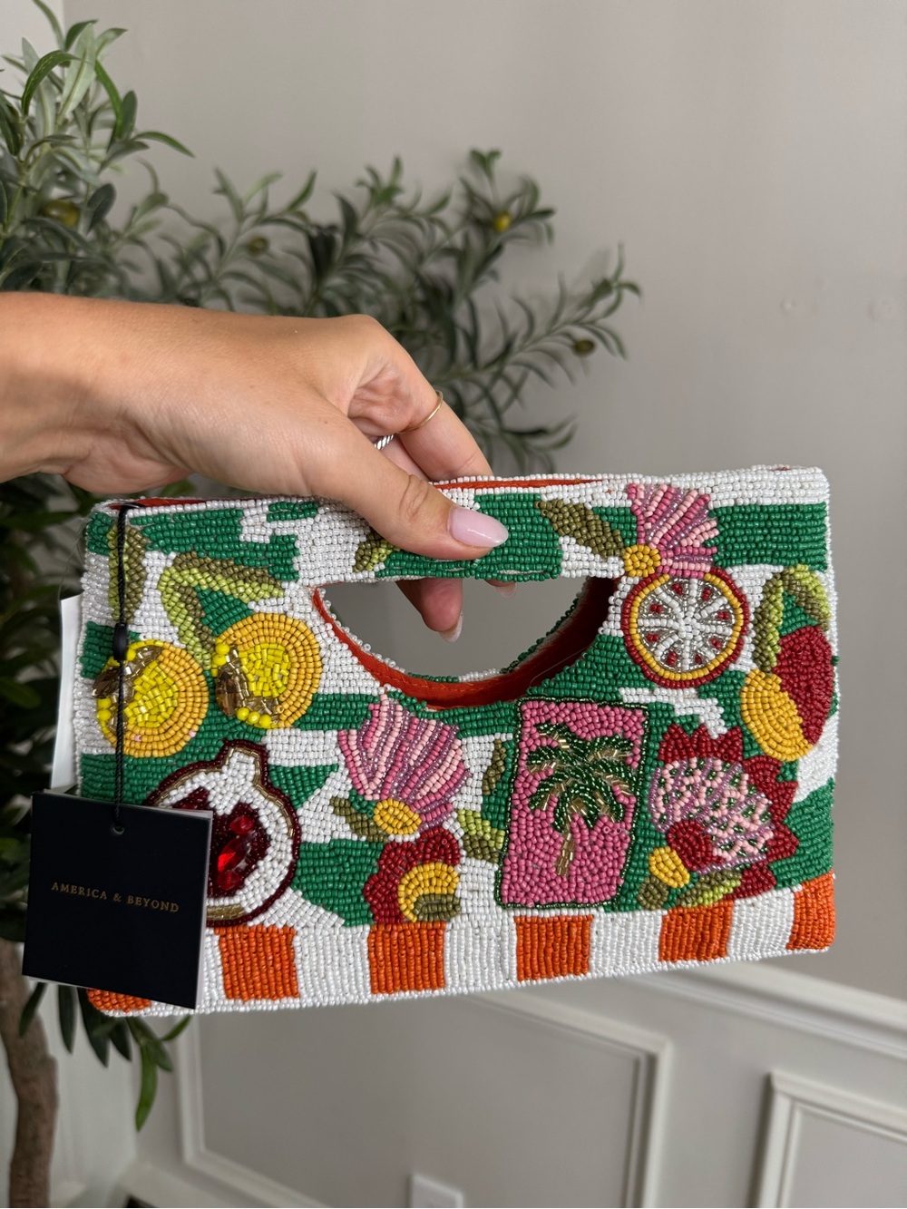 America & Beyond Tropical beaded fruit clutch